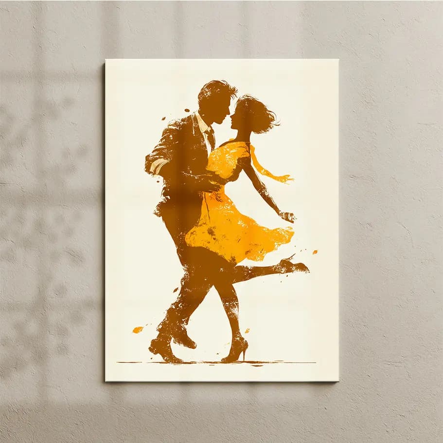 Swing Dansı Çift Silüeti Poster | Minimal Sarı Elbiseli