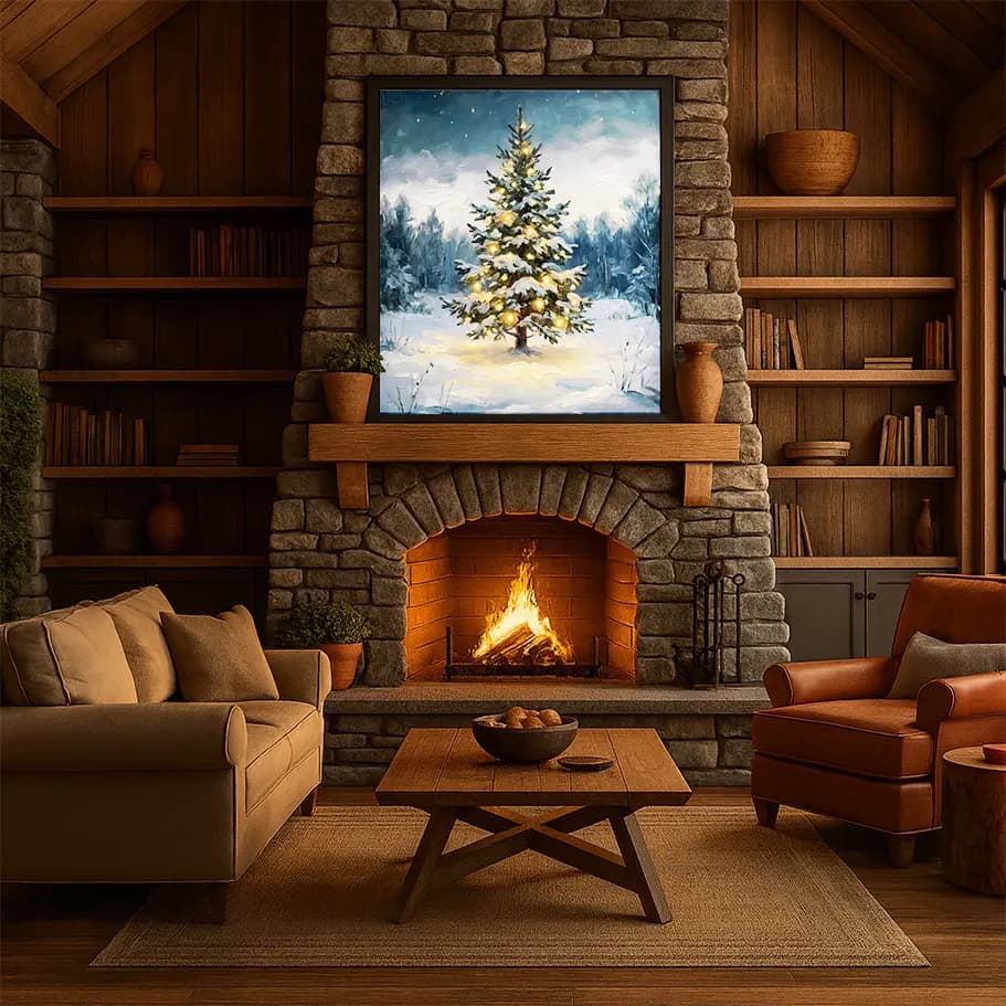 Karlı Ormanda Yılbaşı Ağacı Poster – Işıklı Çam Ağacı