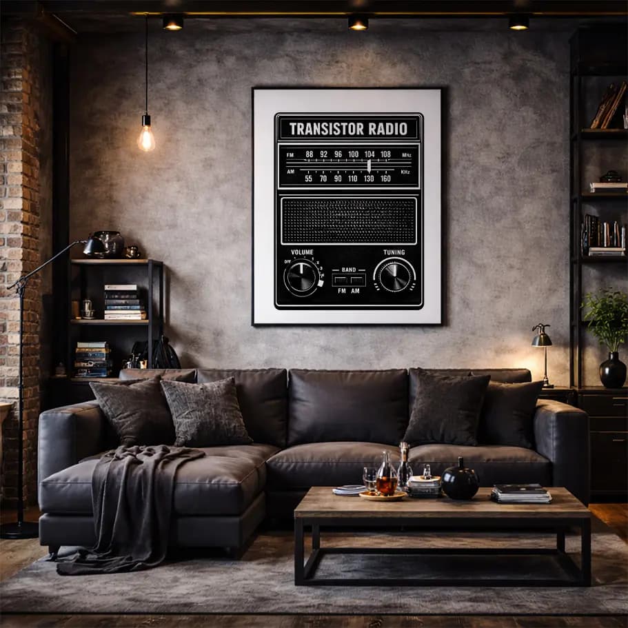 Retro Transistör Radyo Siyah Beyaz Poster
