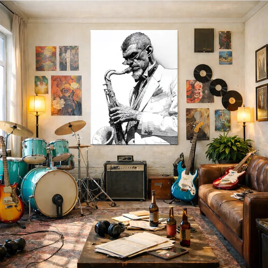 Saksafonlu Caz Müzisyeni Siyah Beyaz Çizim Poster | Minimal Jazz Wall Art