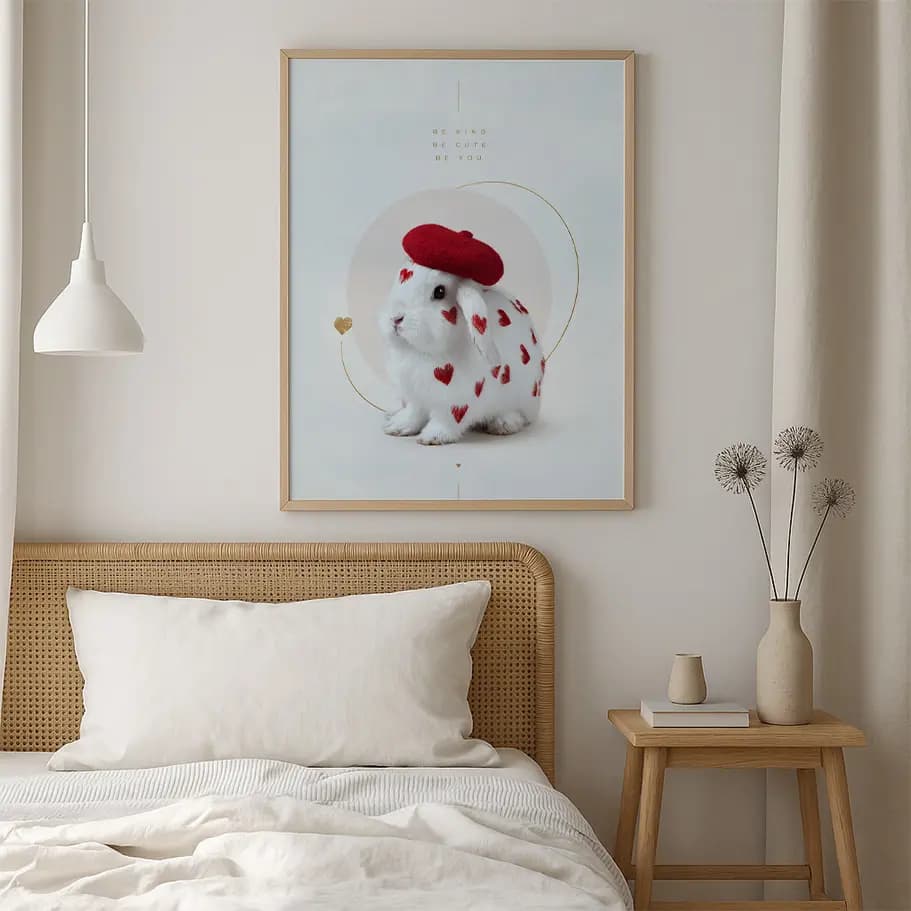 Kalpli Beyaz Tavşan Minimal Sevimli Poster