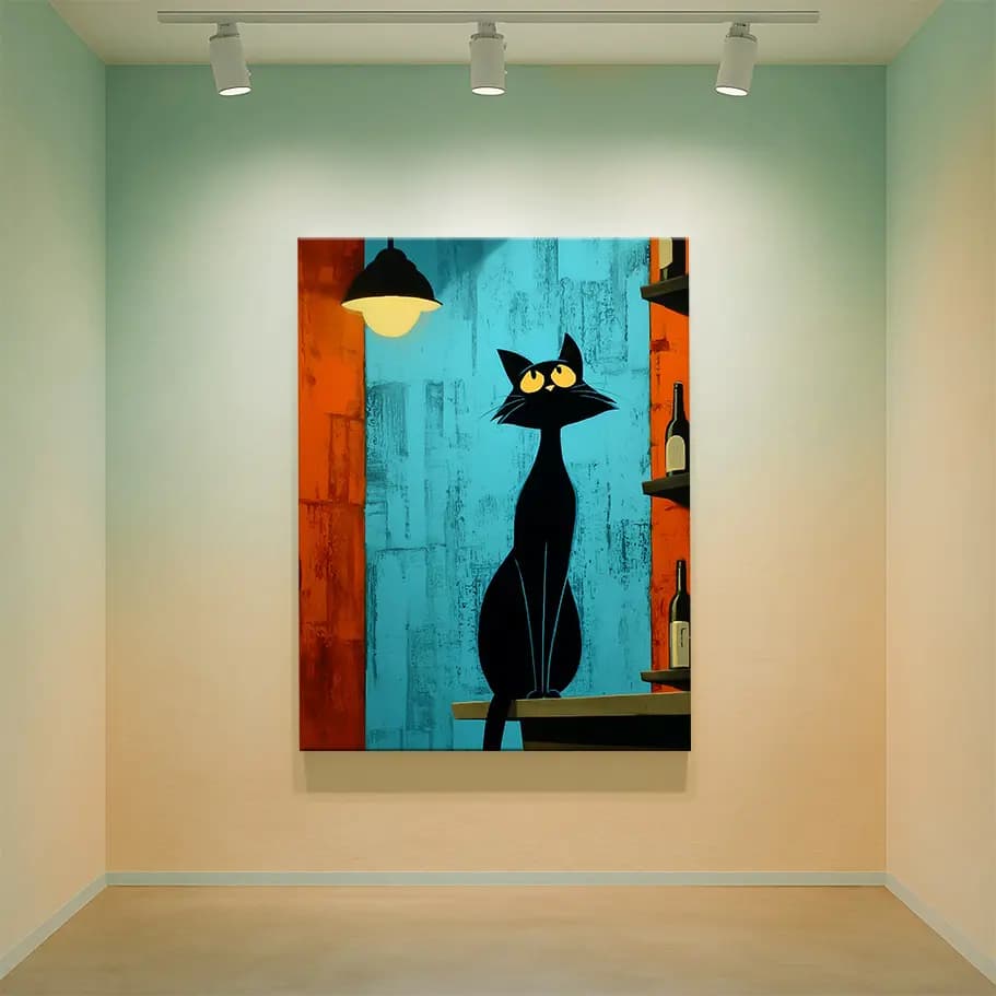 Bar Kedisi Siyah Kedi Posteri | Retro Kafe Duvar Dekoru