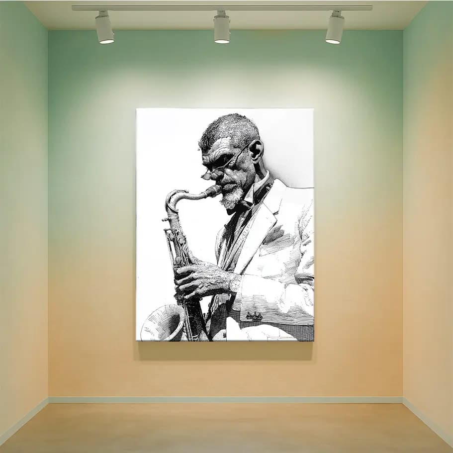 Saksafonlu Caz Müzisyeni Siyah Beyaz Çizim Poster | Minimal Jazz Wall Art