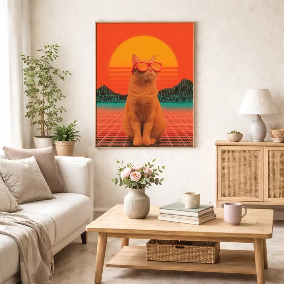 Retro Synthwave Kedi Posteri | Neon Güneş & Grid Tasarım