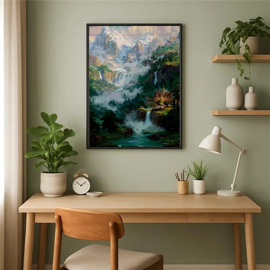 Şelaleli Dağlar ve Şato Manzarası Posteri