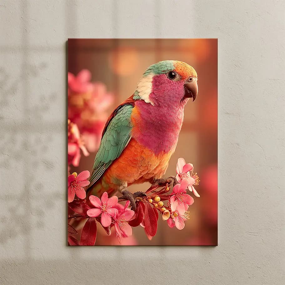 Renkli Papağan & Kiraz Çiçeği Posteri | Bahar Duvar Dekoru