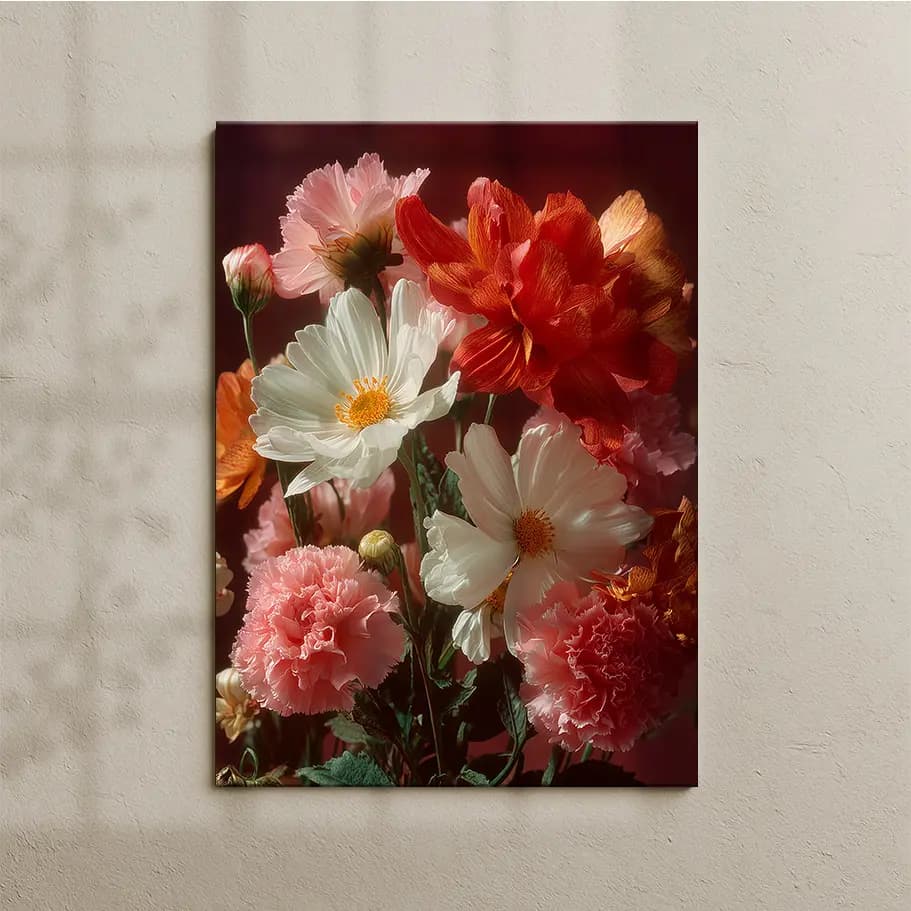 Karanfil & Papatya Çiçek Posteri | Koyu Arka Plan Natürmort Duvar Tablosu