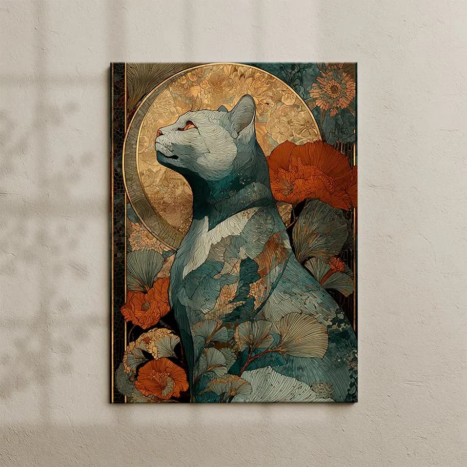 Art Nouveau Kedi Posteri | Çiçekli Vintage Duvar Dekoru