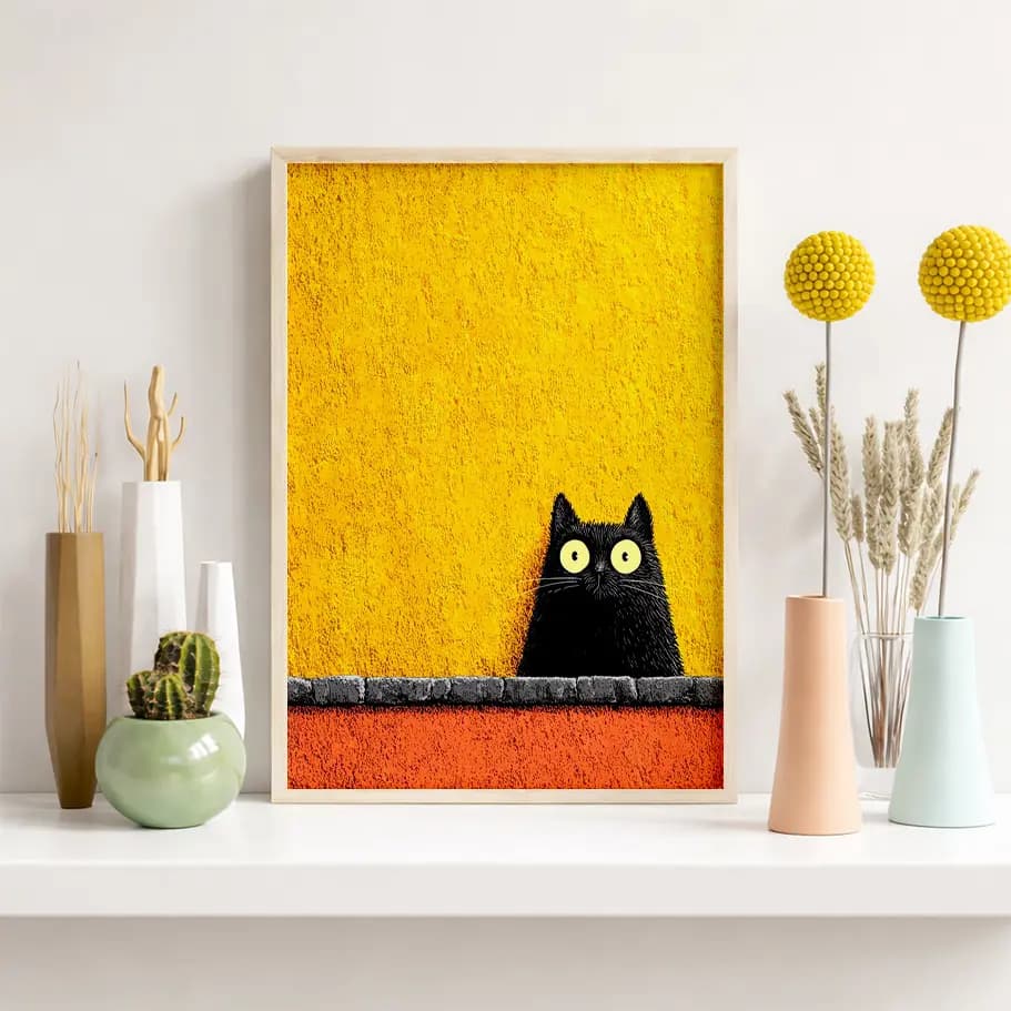 Sarı Arka Planlı Modern Kedi İllüstrasyonu